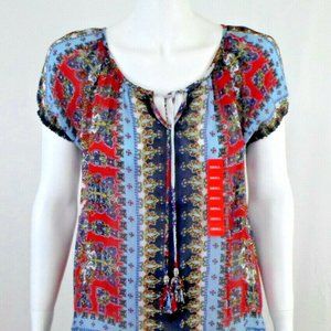 NWT Bila Boho Peasant Bandana Print Semi Sheer Short Sleeve Top